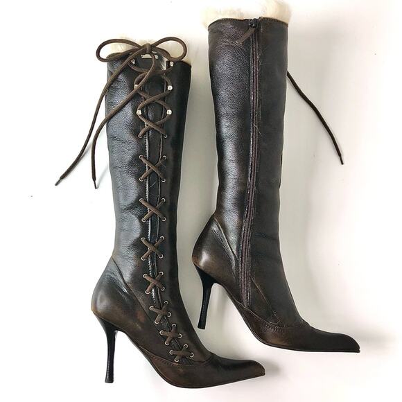 Giuseppe Zanotti Biork 90 Fur Lined Knee High Pointed Toe Leather Boots 37.5 - Picture 6 of 10